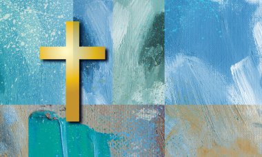 Graphic design of golden iconic Christian cross of Jesus Christ blue brush stroke and splatter grid background. Use for Christian, Easter, grace, mercy, forgiveness themes.