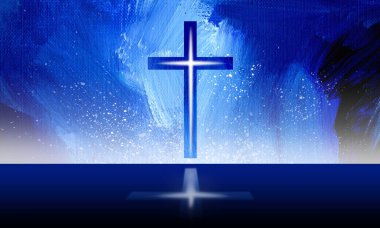 Graphic design of iconic Christian cross of Jesus Christ with glowing sparkle against blue brush stroke and speckle background. Use for Christian, Easter, forgiveness themes.