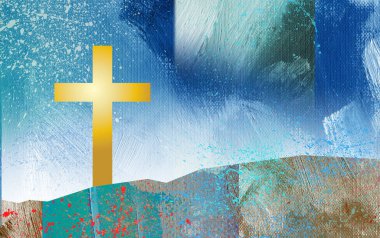 Graphic design of iconic Christian cross of Jesus Christ at Calvary landscape in abstract brush strokes with hint of sacrificial blood. Use for Christian, Easter, grace and forgiveness themes.