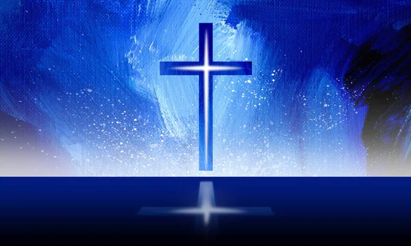 Графический Дизайн Культового Христианского Креста Иисуса Христа Сияющим Блеском Синем — стоковое фото