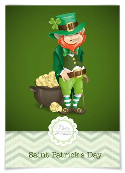 Dia de São Patrício. Leprechaun com pote de ouro . — Vetor de Stock