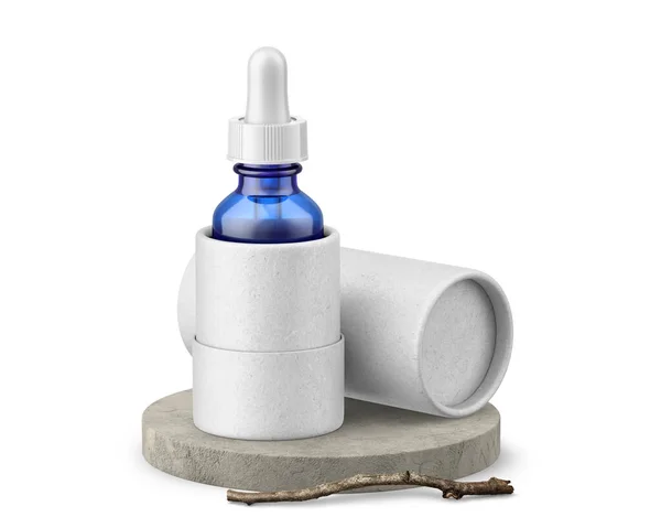 Blue Glass Dropper Bottle with Tube, Podium and Twig Mockup — Stock Photo, Image