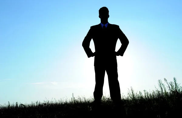 Silhouet van een zakenman tegen een blauwe hemel — Stockfoto