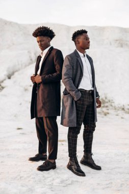 İki modaya uygun Afro-Amerikan erkeği, klasik siyah takım elbiseli ve polt giymiş, beyaz tebeşir dağlarının arka planına karşı birlikte poz veren adamlar, moda pozu veren konsept, erkek sonbahar kıyafetleri, tarz