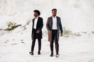 İki modaya uygun Afro-Amerikan erkeği, klasik siyah takım elbiseli ve polt giymiş, beyaz tebeşir dağlarının arka planına karşı birlikte poz veren adamlar, moda pozu veren konsept, erkek sonbahar kıyafetleri, tarz