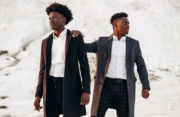 Klasik takım elbiseli ve hırkalı iki yakışıklı Afro-Amerikan erkeği, gün batımında güzel dağ manzarasının arka planında şık kıyafetler içinde poz veren iki genç adam.