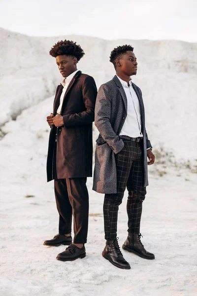 İki modaya uygun Afro-Amerikan erkeği, klasik siyah takım elbiseli ve polt giymiş, beyaz tebeşir dağlarının arka planına karşı birlikte poz veren adamlar, moda pozu veren konsept, erkek sonbahar kıyafetleri, tarz