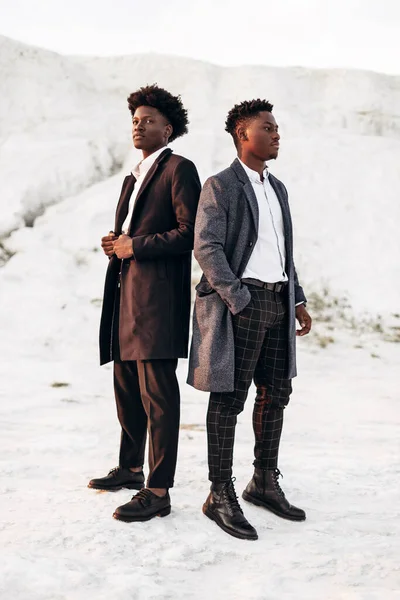 İki modaya uygun Afro-Amerikan erkeği, klasik siyah takım elbiseli ve polt giymiş, beyaz tebeşir dağlarının arka planına karşı birlikte poz veren adamlar, moda pozu veren konsept, erkek sonbahar kıyafetleri, tarz