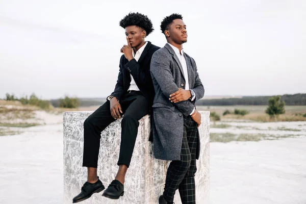 İki modaya uygun Afrikalı siyah erkek, açık havada, şık klasik kıyafetler içinde, şık saç stili, yakışıklı erkekler, manken portresi, moda konsepti, erkek giyimi