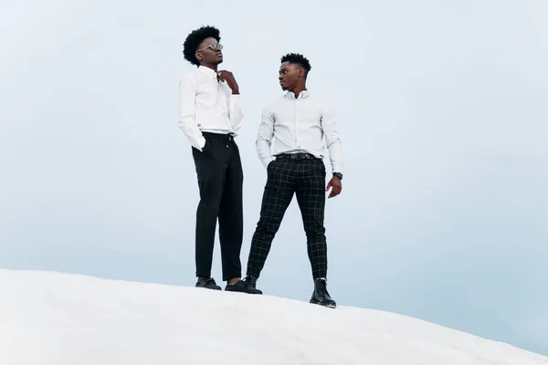 Два Афроамериканських Чоловіки Стоять Вершині Гори Сходять Скелі Успішний Бізнесмен — стокове фото