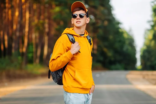 Man Yellow Sweater Cap Going Hike Wandering Forest Uniting Nature — Stock Photo, Image