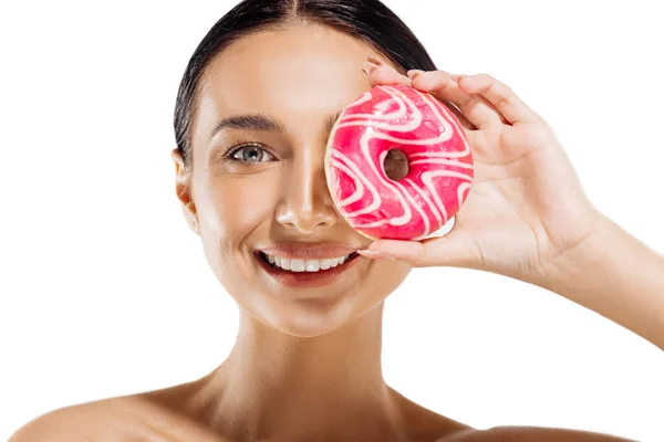 Grappig Mooi Lachend Meisje Met Een Donut Buurt Van Haar — Stockfoto