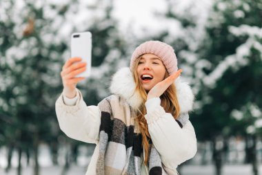 Christmas, season and people concept. Happy smiling woman in hat taking selfie and waving hand outdoors in winter park