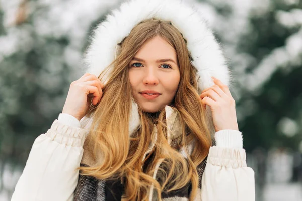 Beautiful Woman Standing Snowy Trees Winter Forest Enjoying First Snow — Stockfoto