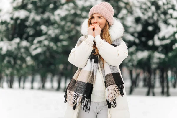 Portrait Winter Woman Warm Clothes Woman Breathes Her Arms Keep — Stockfoto