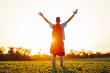 Arkadan bakıldığında, güçlü erkek kahraman süper kahraman kostümü giyer, ellerini ters çevirir, cesaret ve güç gösterisi yapar, özgürlük ve güç gösterisi yapar, dışarıda günbatımına karşı poz verir.