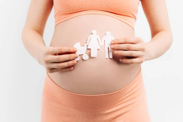 Kocaman Göbekli Hamile Bir Kadın Elleri Kağıt Aile Içi Kesikler — Stok fotoğraf