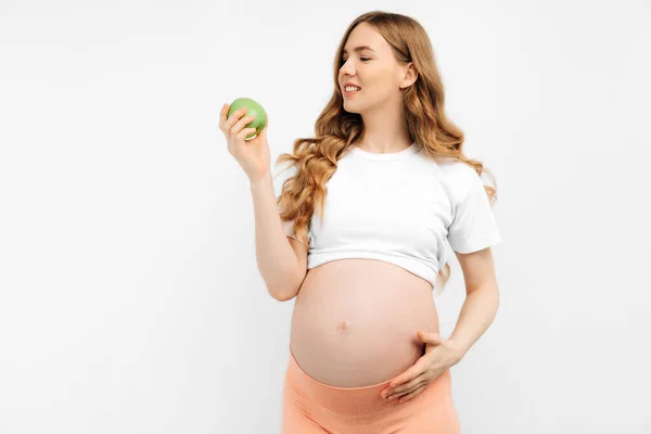 Healthy Pregnant Woman Eating Green Apple Rich Vitamins White Background — Stock Photo, Image