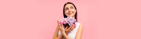Beautiful Woman Flower Bouquet Peony Flowers Her Hands Woman Pink — Stock Photo, Image