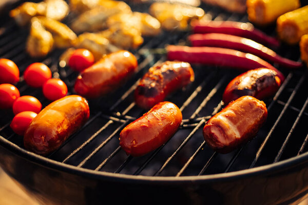 Assortment Delicious Grilled Meat Sausages Grilled Vegetables Barbecue Smoke Flames Royalty Free Stock Photos