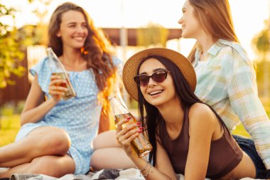 Bir grup güler yüzlü, güzel, güzel arkadaş cam şişelerle battaniyeye oturmuş içki içiyor, konuşuyor ve eğleniyor parkta pikniğin tadını çıkarıyor. Bir grup sağlıklı arkadaş piknikte.