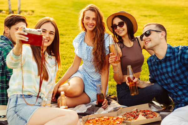 Young People Have Picnic Nature Young Friends Relax Eat Pizza Stock Picture