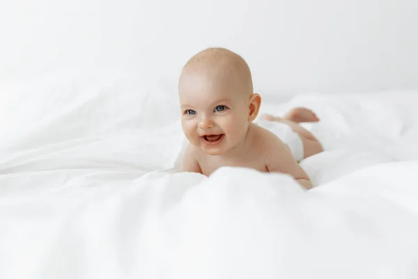 Portrait Incredible Adorable Little Baby Diaper Happy Smiling Child Blue — Stock Photo, Image