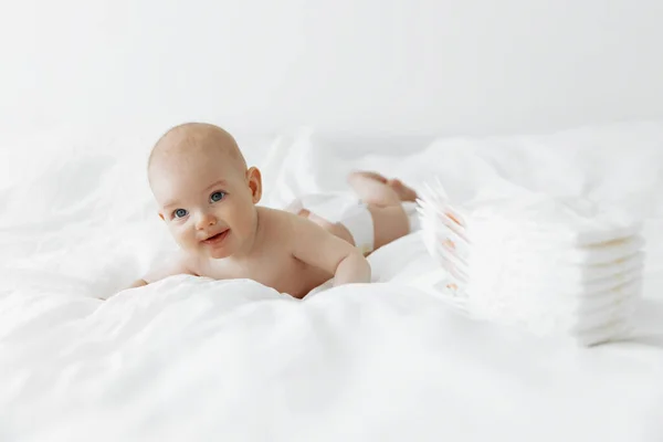 Little Cute Newborn Baby Diapers White Bed Bedroom Beautiful Little — Zdjęcie stockowe