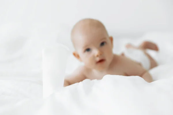 Smiling Beautiful Baby Lies Bed Diaper Shower Moisturizing Baby Cream Stock Photo