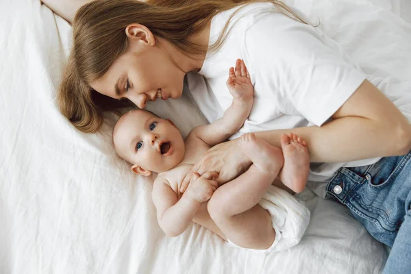 Love Tenderness Motherhood Concept Loving Mother Hugging Her Cute Little — Stockfoto