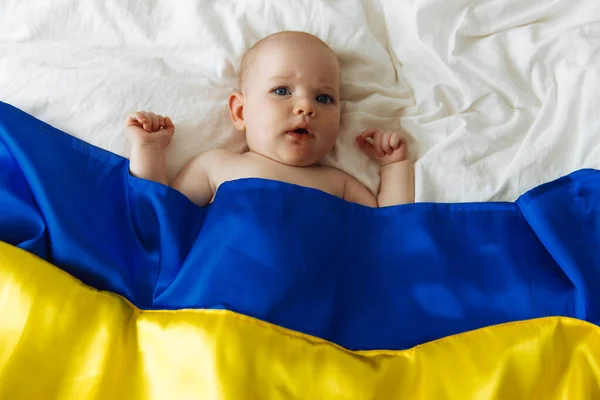 Portrait Baby Wrapped National Blue Yellow Flag Ukraine Lying Bed — Stock Photo, Image