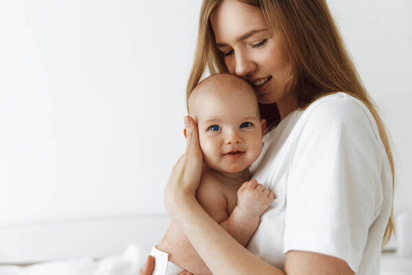 Young Caring Mother Hugged Her Little Daughter Pressing Her Her Stock Picture