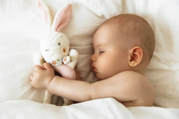 Sleeping Little Baby Favorite Soft Toy Hand Carefree Sleep Baby — Zdjęcie stockowe