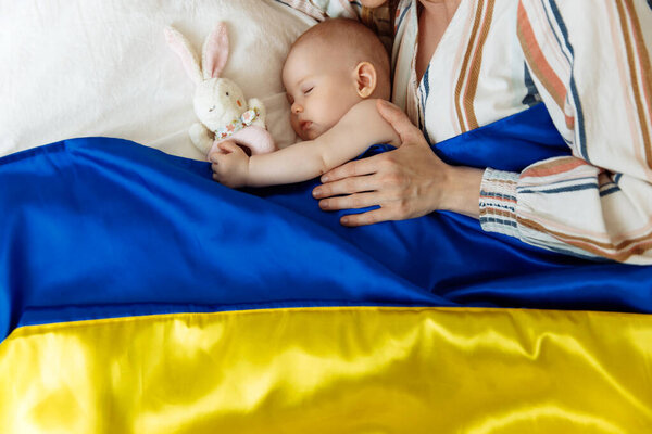 Close Portrait Mother Kissing Her Newborn Baby Sleeping Bed Home Stock Picture