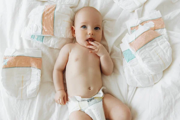 Little Cute Newborn Baby Diapers White Bed Bedroom Beautiful Little — Zdjęcie stockowe