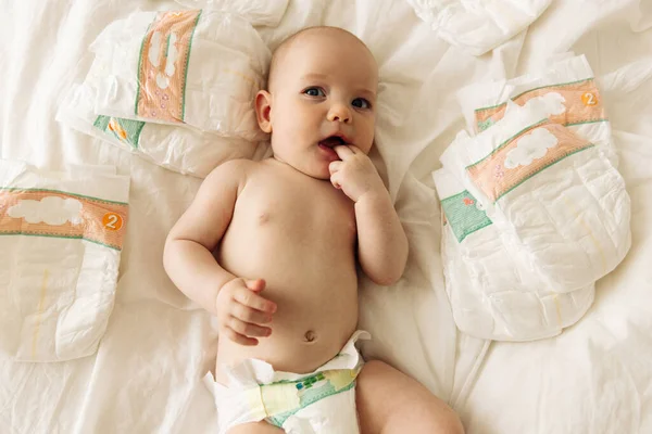 Little Cute Newborn Baby Diapers White Bed Bedroom Beautiful Little — Fotografia de Stock