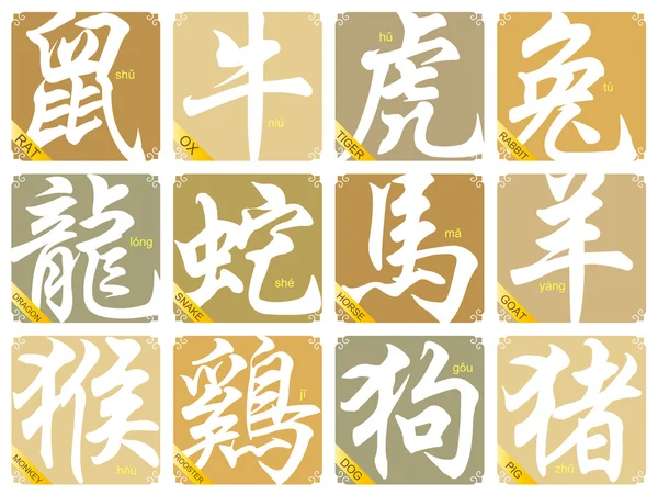 Segni zodiacali cinesi vettoriali isolati — Vettoriale Stock