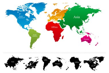 Renkli kıtalar Atlas ile Vektör Dünya haritası - Eps