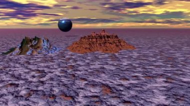 Kayaların üzerindeki soyut sahne küresi yavaş çekim kamera 3D görüntüleme