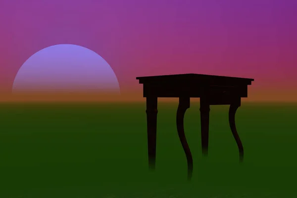 Stół Zielonej Mgle Słońce Horyzoncie Różowy Niebo Abstrakcyjne Scena Renderowania — Zdjęcie stockowe