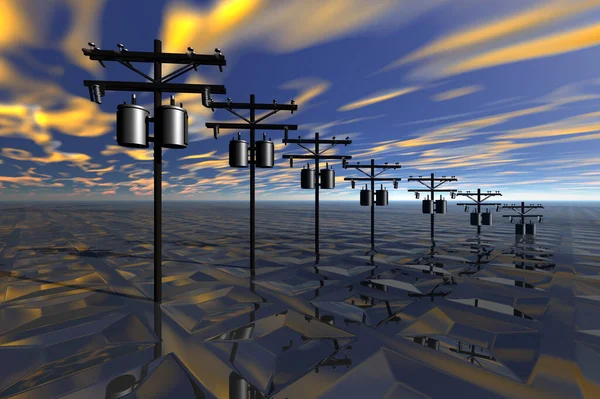 gerçek üstü sahne elektrik kutupları bilinmeyen tekno gezegen 3D görüntüleme