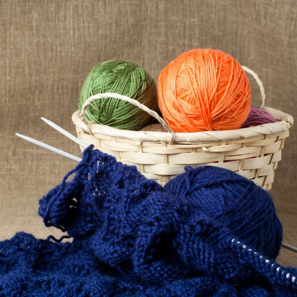 Balls of wool in basket — Stock Photo, Image