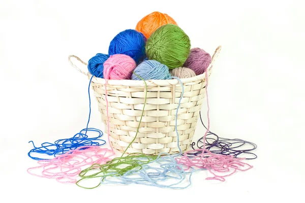 Balls of wool in a basket — Stock Photo, Image