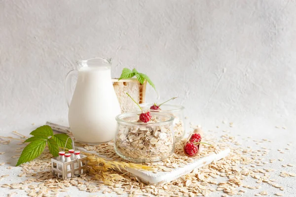 Haver Vlokken Melk Frambozen Een Tafel Plantaardig Gezond Vegetarisch Eten — Stockfoto