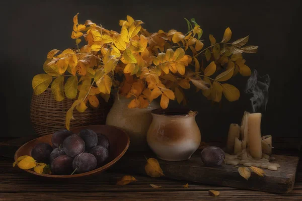 Cozy Autumn Still Life Yellow Leaves Plumes Candles Wooden Table — Stock Photo, Image