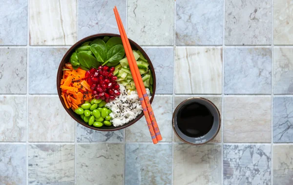 Pan Asian Trendy Homemade Vegetarian Poke Bowl Rice Edamame Fresh — стоковое фото
