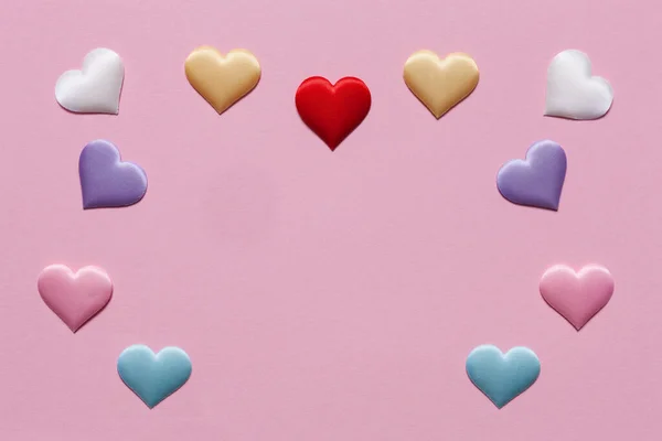 Valentine Day Background Many Different Colorful Textile Hearts Pink Soft — Stock Fotó