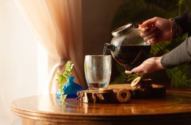 Taze Kelebek bezelye çiçeği mavi çayı. Sağlıklı bitkisel içecek. Seçici odak, kapat