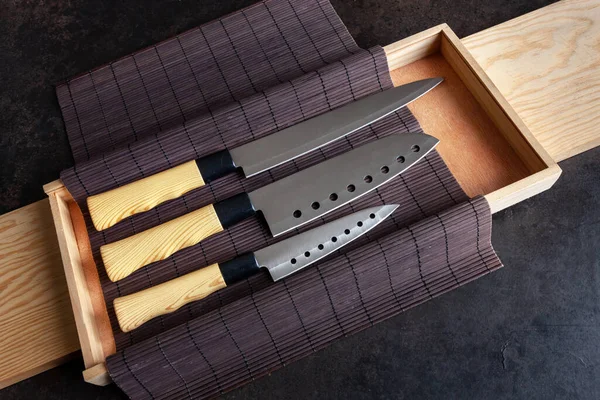 Set Kitchen Knives Wooden Handle Wooden Box Top View Close — Stock Photo, Image