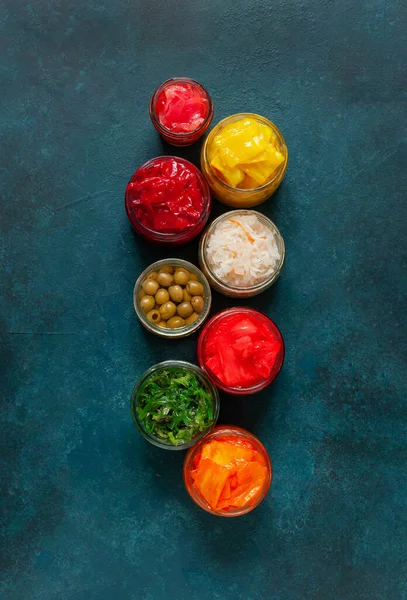 Set Dari Berbagai Warna Cerah Difermentasi Dan Acar Sayuran Makanan — Stok Foto